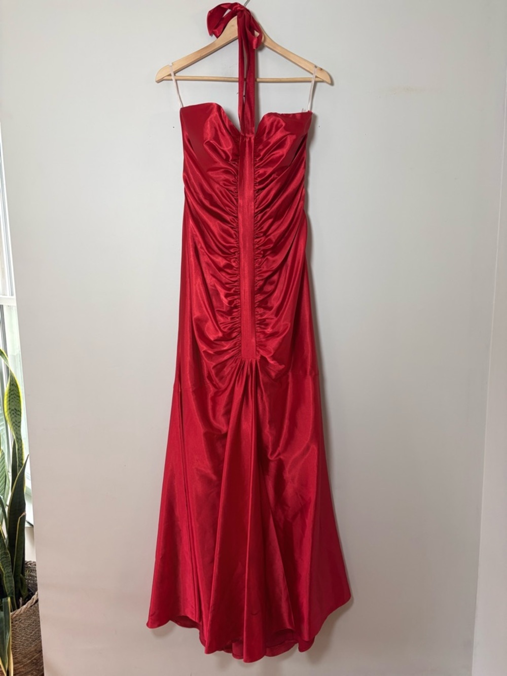 Vintage Jessica McClintock for Gunne Sax Red Satin Ruched Halter Gown Size 16